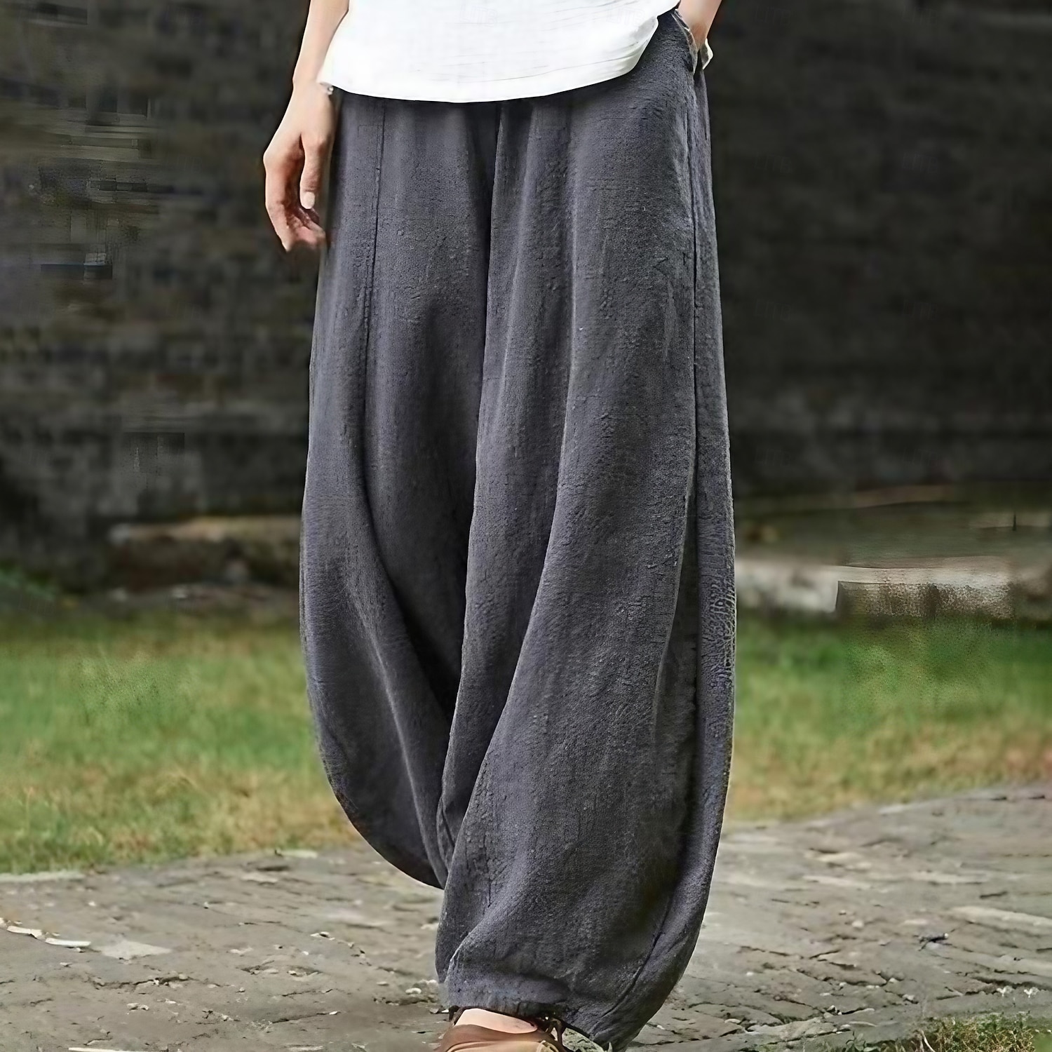 Women's Plus Size Linen-feel Pants Wide Leg Chinos Summer Pants Vacation Casual Lounge Full Length Natural Solid Color Pocket Baggy Micro-elastic Daily Vacation Holiday Black White Green Dark Blue 2026 - $23.99 –P2