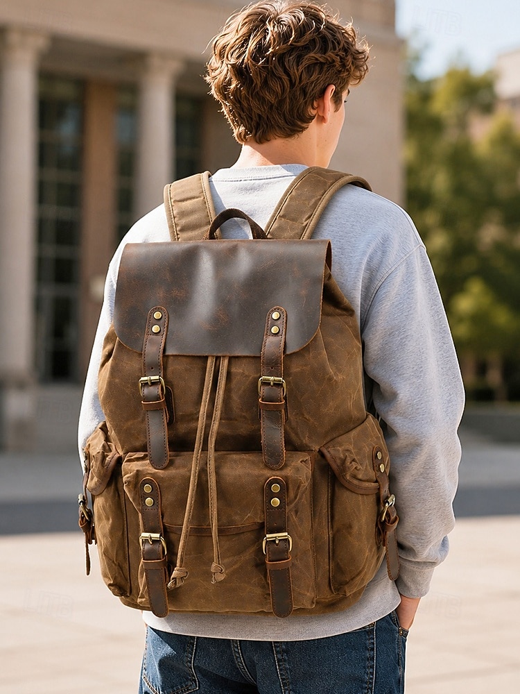 canvas rutsack backpack true leather Handmade and Backpack-Rucksack, Customizable Inside 1 Cell Pocket Canvas Backpack for Men and