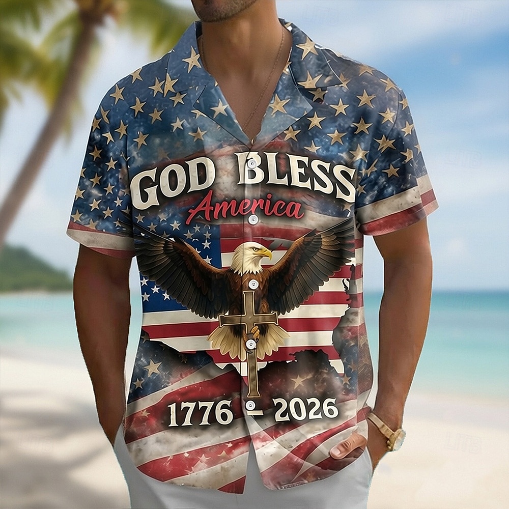 Herren 250. Jubiläum Patriotischer Adler Amerikanische Flagge Hemd mit Knopfleiste Kurzarm Sommerurlaub Top 2026 - $25.99 –P1