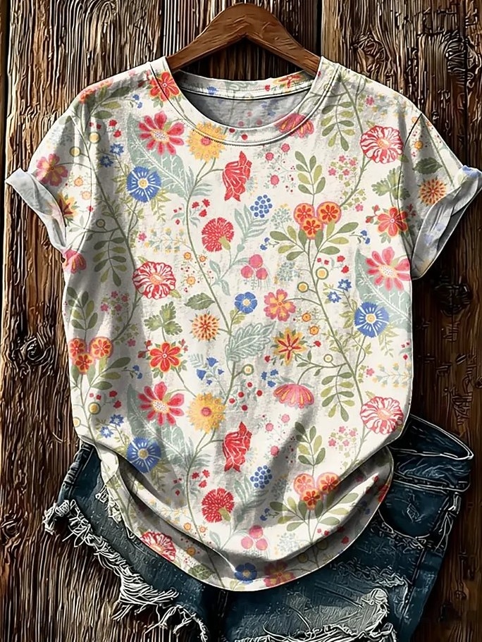 Women's T Shirt Print Floral Graphic Plants Fashion Stylish Classic Short Sleeve Crew Neck Regular Tops Casual Daily Weekend Light Green Beige Summer Spring 2026 - $21.99 –P4