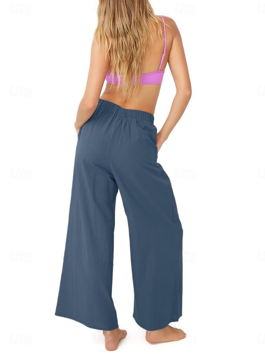 Mujer Algodón Perneras anchas Moda Ropa de calle Casual Longitud total Alta cintura Plano Bolsillo Cintura elástica Confortable Comodidad Suave Elástico Exterior Vacaciones Calle Azul Piscina 2026 - $22.99 –P4