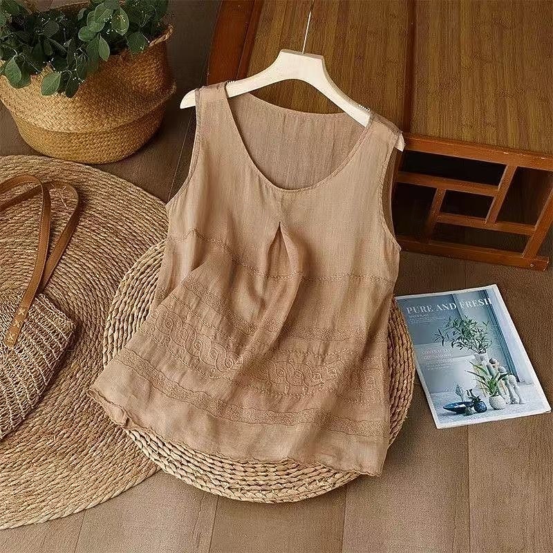 Per donna Gilet in cotone e lino Arricciato Ricamato Tinta unica Elegante Senza Maniche Senza maniche Scollo Tondo Top Regolari Bianco Rosa Viola Kaki Estate Primavera del 2026 a $13.99 –P4