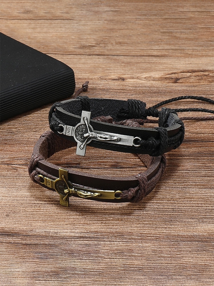 Pulseira masculina de couro genuíno com liga metálica e cruz, ajustável nas cores preta ou marrom, joia vintage casual para uso diário, viagens e looks de férias. de 2026 por $7.99 –P6