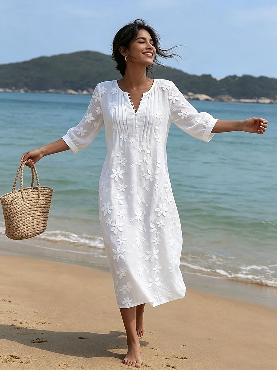 Damen Midikleid Spitzenkleid Freizeitkleid Lässig Strand Lässiger Schnitt Einfarbig Halbarm V Ausschnitt Weiß Sommer Frühling 2026 - $37.99 –P4