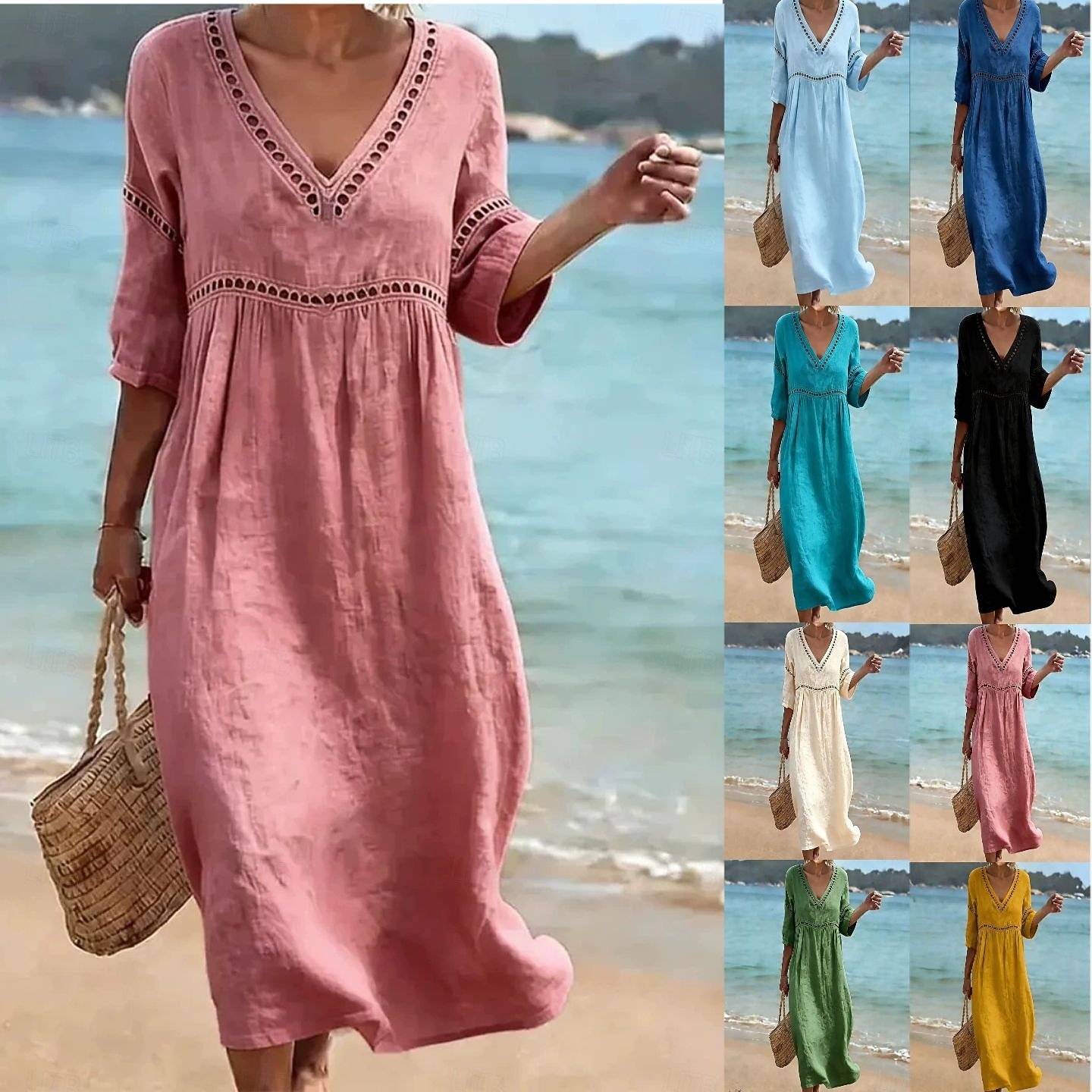 Women's Long Dress Maxi Dress Sundress Elegant Vacation Beach Holiday Loose Fit Solid Color Half Sleeve V Neck Light Blue Denim Blue turmeric off white Summer Spring 2026 - $27.99 –P1