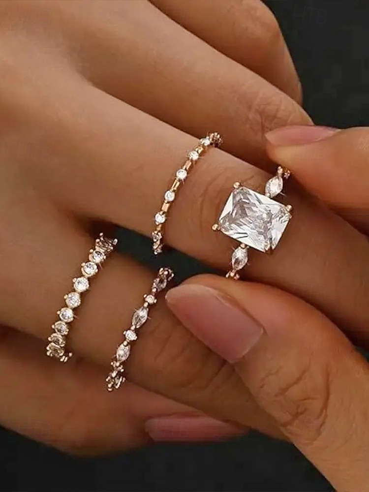 Conjunto de 4 anéis de cristal empilháveis para mulheres, estilo boho, banhados a ouro/prata, joias elegantes para praia e uso diário. &roupa de festa de 2026 por $11.99 –P3