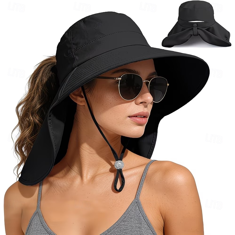 Sombrero de sol para mujer, plegable, de ala ancha, con solapa para cubrir el cuello y abertura para coleta. Permite llevar coleta sin oprimir la cabeza. Transpirable y fresco, ideal para vacaciones 2026 - $9.99 –P2