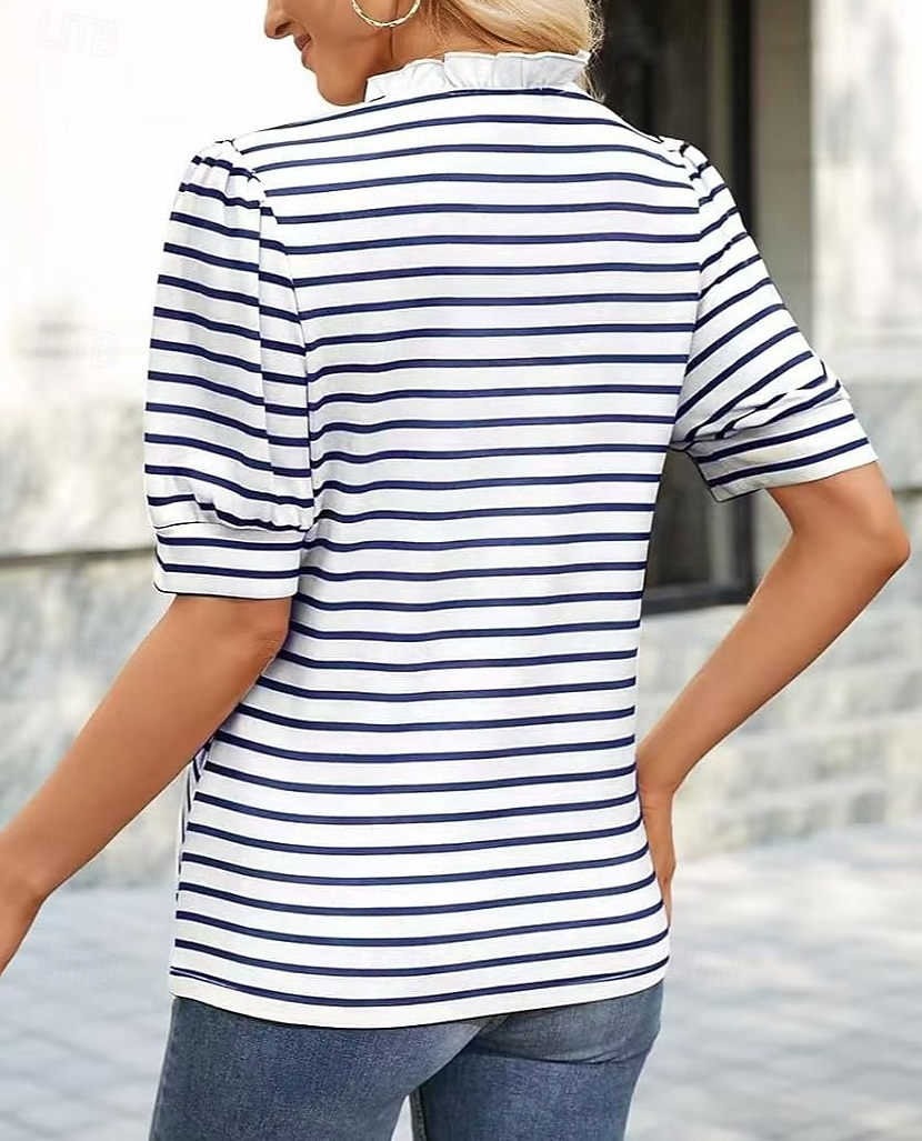 Dames T-shirt Grafisch Gestreept Modieus Casual Korte mouw Overhemdkraag Lange tops Casual Dagelijks Weekend Zwart en Wit Groen en wit Zwarte abrikoos Xingka Zomer Lente 2026 - $26.99 –P3