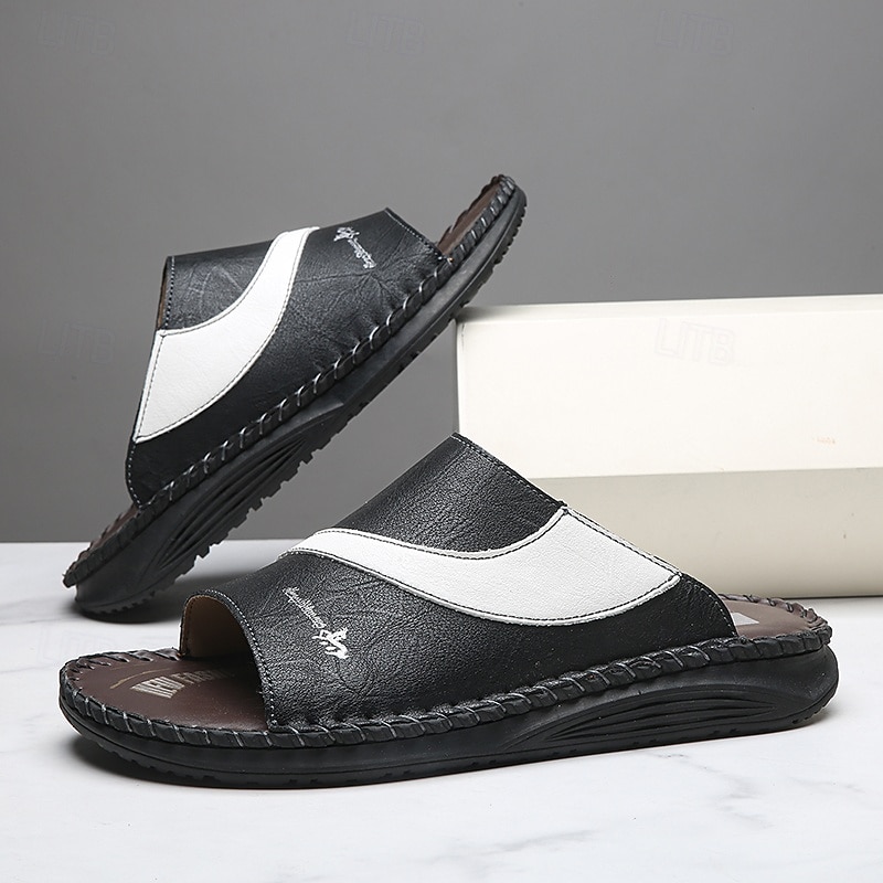 Sandálias masculinas bicolor pretas e brancas, modelo slide, com bico aberto, costuradas à mão, confortáveis e casuais para o verão, ideais para uso diário, férias, em casa e momentos de lazer ao ar livre. de 2026 por $34.99 –P1