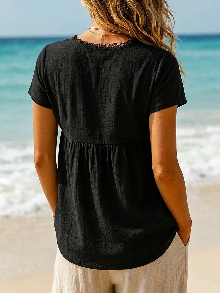 Women's Cotton Linen Shirts Lace Splicing Top Ruffle Patchwork Lace Trim Solid Color Plain Vintage Short Sleeve V Neck Regular Tops Casual Black White Summer Spring 2026 - $32.99 –P8