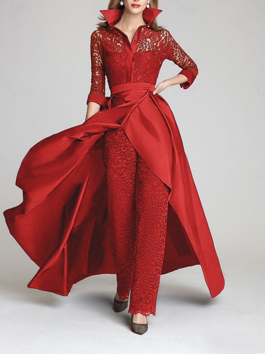 Pantaloni Lungime Podea Rochie Mama Miresei Lungime Manșon 3/4 Guler Cămașă Epocă Petrecere Oficial Invitat la nunta Seară Formală Satin Dantelă cu Ruching 2026 - $206.99 –P9