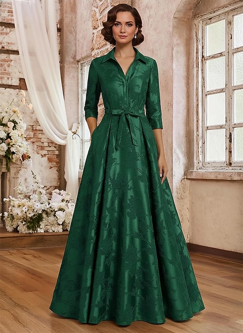Ligne A Longueur au sol Robe de Cérémonie Robe de soirée Robe de Mère de Mariée  Manche 3/4 Col de chemise Élégant ancien Formel robe demoiselle d honneur Soirée Formelle Satin Jacquard avec Noeud(s de 2026 ? $194.99 –P4