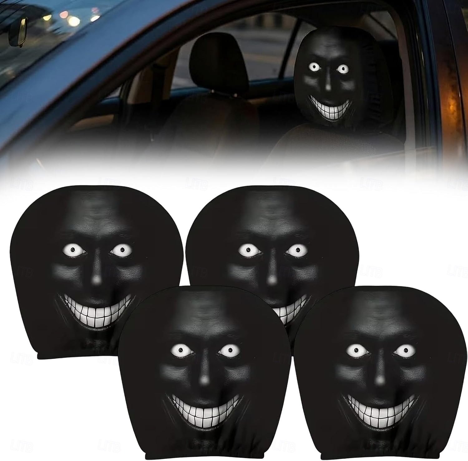 2/4 Stück lustige, gruselige Auto-Kopfstützenbezüge mit unheimlichem Gesichtsmotiv, ideal als Scherzartikel für die Vordersitze, Halloween- oder Gag-Geschenk, strapazierfähiger, dehnbarer Autositzbezug 2026 - $16.99 –P2