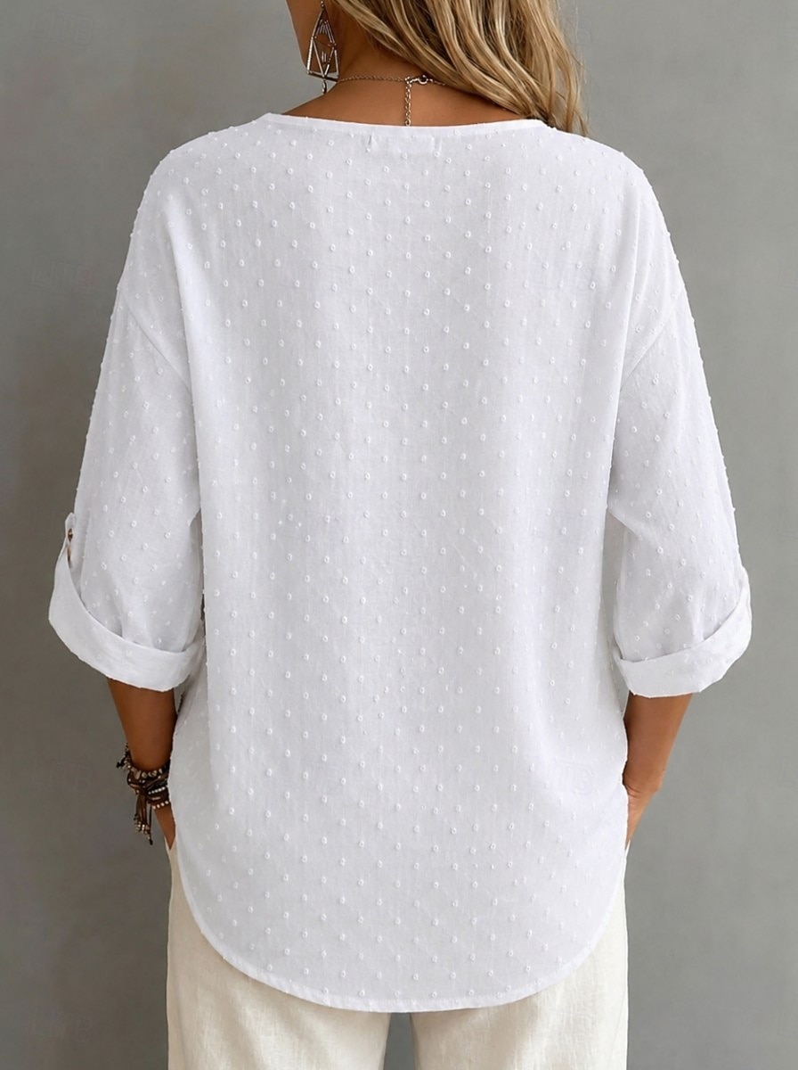 Dame Skjorte Chiffongoverdeler Jacquard Knapper Helfarge Årgang Stilfull 3/4 ermer Crew-hals Vanlige topper Avslappet Ut på byen Kakifarget Svart Hvit Sommer Vår 2026 - $22.99 –P2