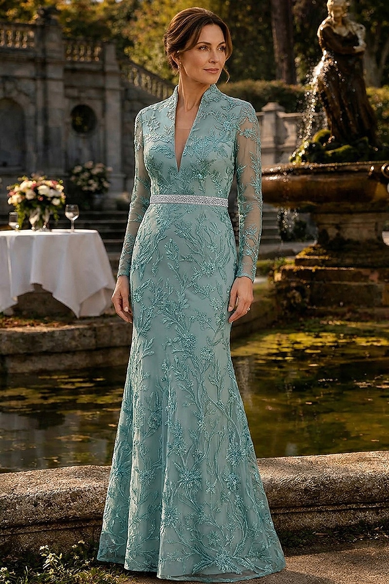 semi formal mermaid dress Trumpet Floor Length Maxi Mother of the Bride Dress Long Sleeve V Neck Elegant Luxurious Sparkle & Shine Wedding Guest Formal Lace with Crystals Embroidery Appliques 2026 web-pdp