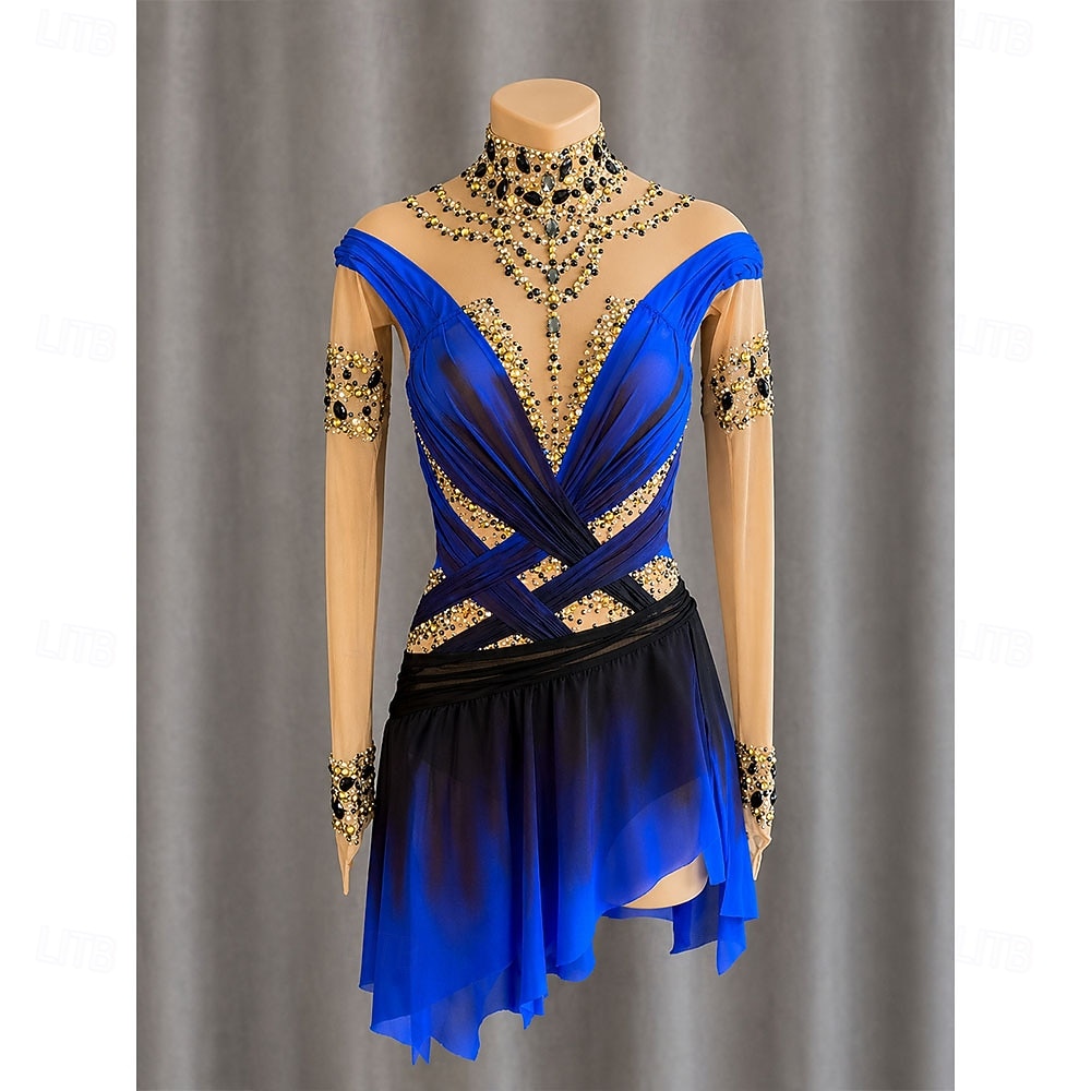Eiskunstlaufkleid Damen Eislaufen Kleid Dunkelblau Patchwork Daumenloch Dehnbar Training Wettbewerb Eiskunstlaufkleidung Klassisch Kristall / Strass Langarm Eislaufen Eiskundstlauf 2026 - $364.99 –P1