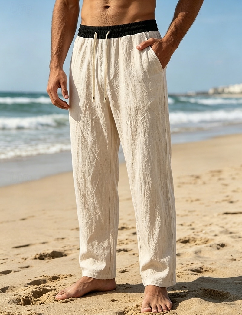 Men's Linen Pants Trousers Summer Pants Beach Pants Drawstring Pocket Elastic Waist Color Block Comfort Breathable Knee Length Daily Outdoor Beach Vacation Fashion Black White Inelastic 2026 - $26.99 –P1