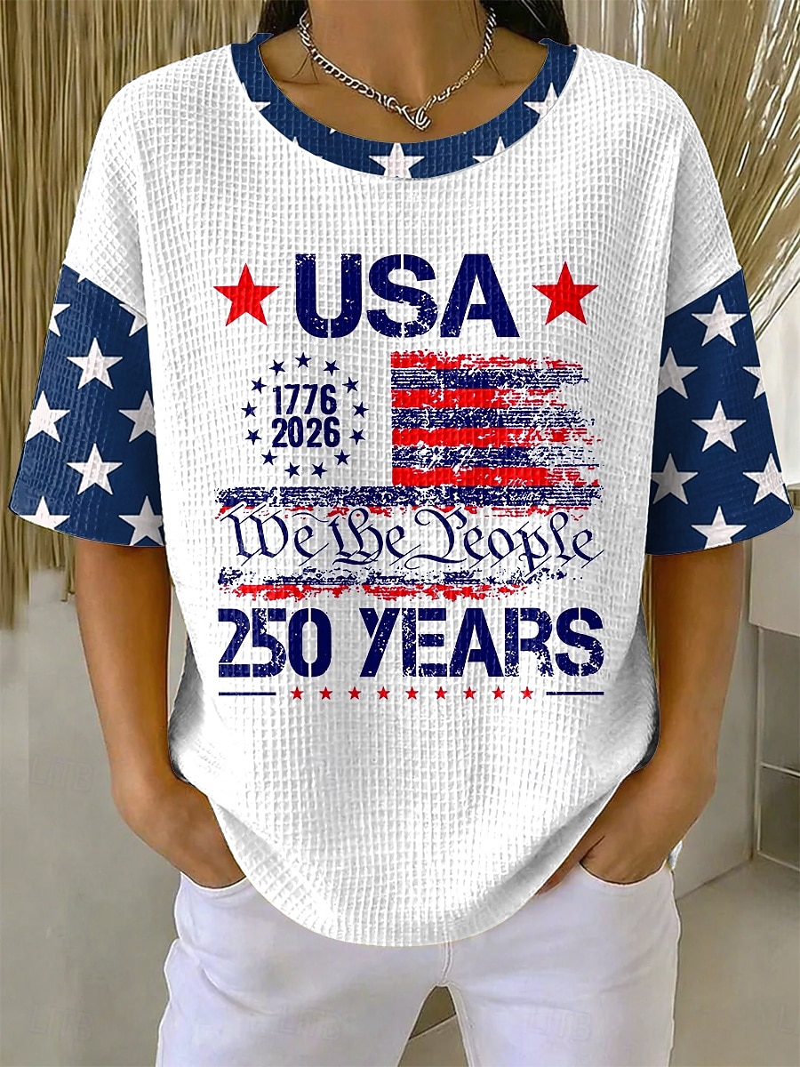 Dia da Independência Americana Mulheres Camiseta Waffle Tops tricotados texturizados Gráfico Bandeira americana à moda Clássico Manga Curta Gola Redonda Tops regulares Casual Diário Azul Vermelho de 2026 por $21.99 –P3