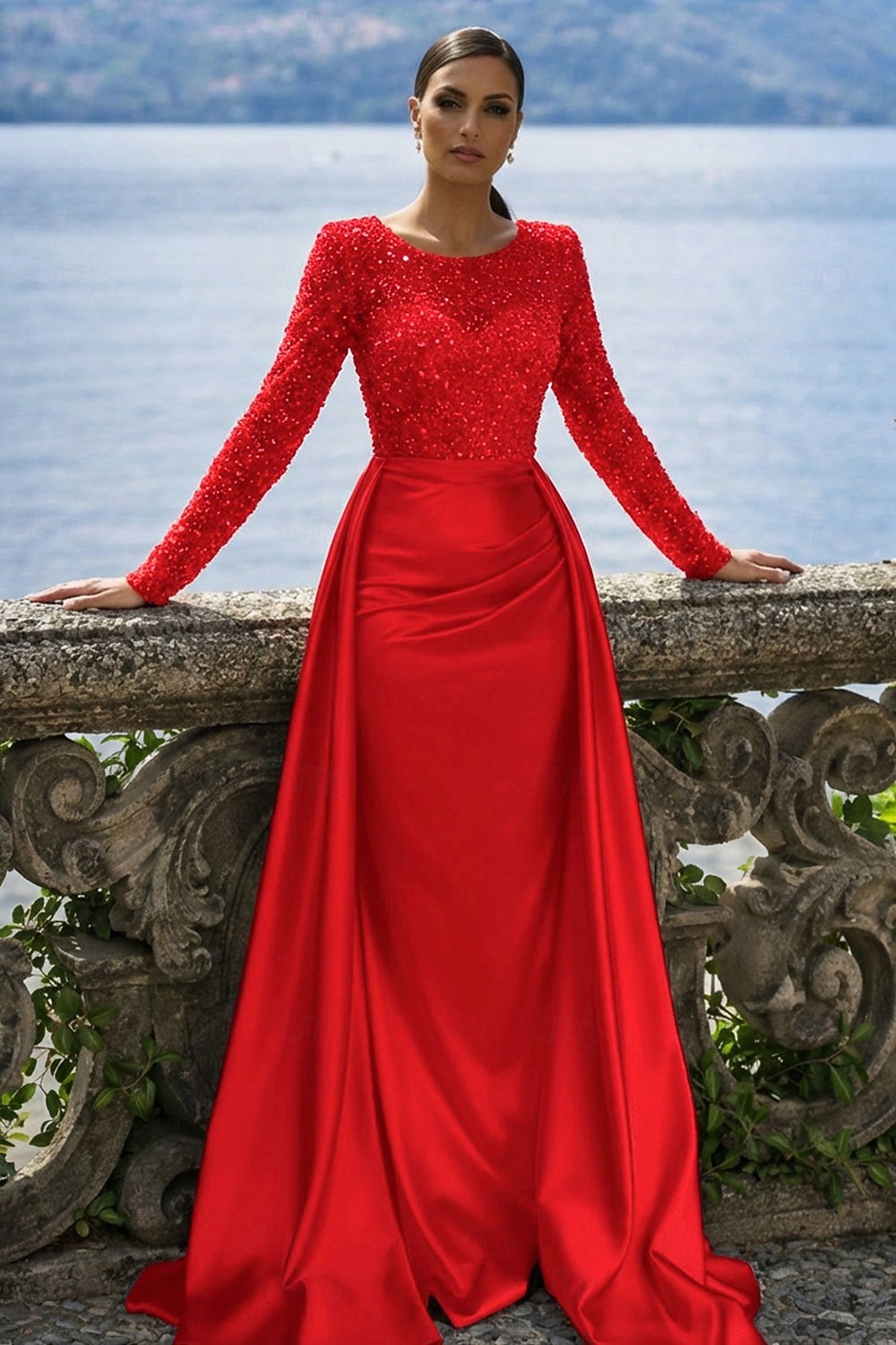 Sirena Tromba Lunghezza al pavimento Abito da Sera Elegante Brillare & Splendere Manica Lunga Scollo Illusione Carnevale Mascherata Abito Champagne per la Madre della Sposa Raso Con Paillettes con del 2026 a $183.99 –P13