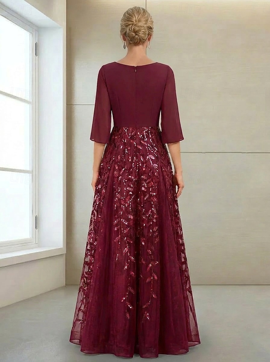 A-lijn Jurken Tot de grond Maxi-jurk Moeder van de bruid jurk Lange mouw V-hals Elegant Luxueus Glitter & Sprankel Formeel Bruiloft gast Formele avonden Chiffon Kant met Kralen Pailletten 2026 - $159.99 –P3
