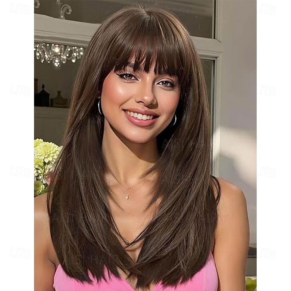 Parrucca bionda ombre con frangia per donna, parrucca liscia a strati di media lunghezza, naturale, ideale per feste e occasioni speciali. del 2026 a $34.99 –P4