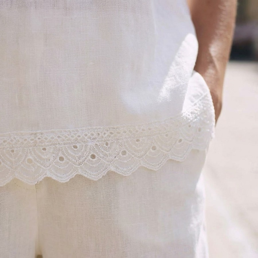 Women's Tee Top Lace Trims Solid Color Elegant Stylish Ethnic Short Sleeve Crew Neck Regular Tops Casual Daily Going out White Summer Spring 2026 - $26.99 –P5
