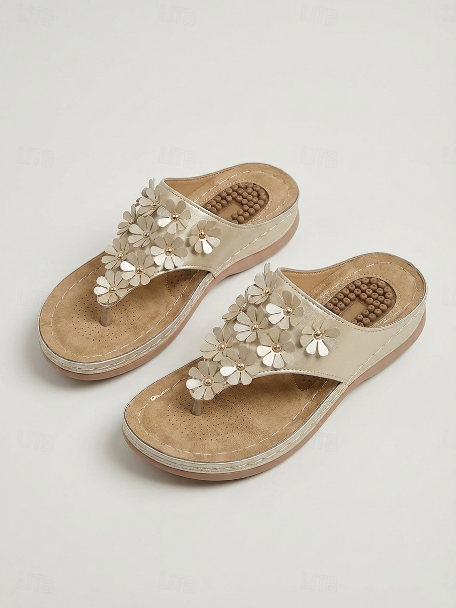 Sandálias femininas douradas com estampa floral, confortáveis e com tira entre os dedos em 3D, palmilha massageadora e amortecimento para maior conforto, ideais para viagens e caminhadas. &uso diário de 2026 por $11.99 –P4