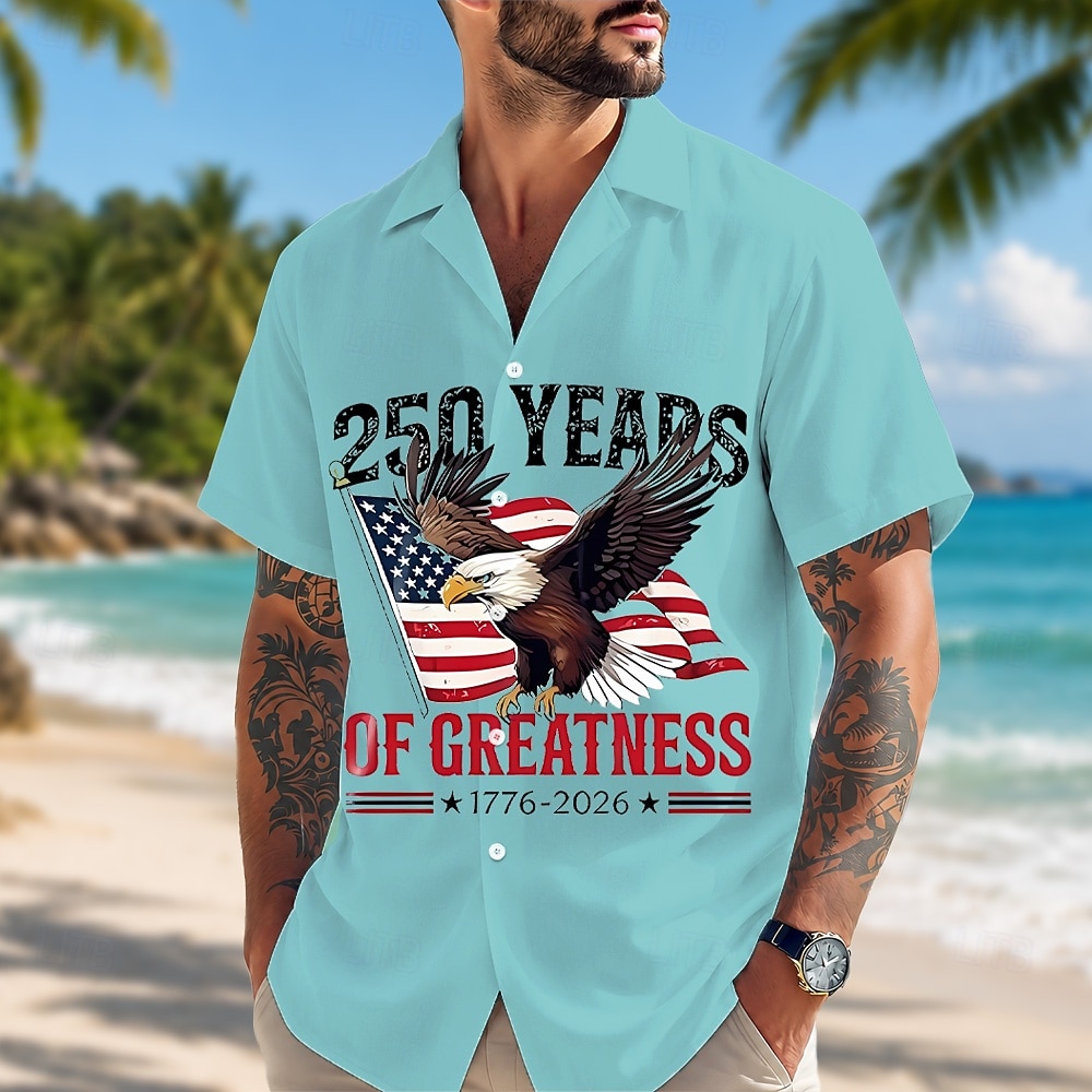 Camicia a maniche corte da uomo per il 250° anniversario con bottoni aquila patriottica bandiera americana top estivo per le vacanze del 2026 a $25.99 –P2