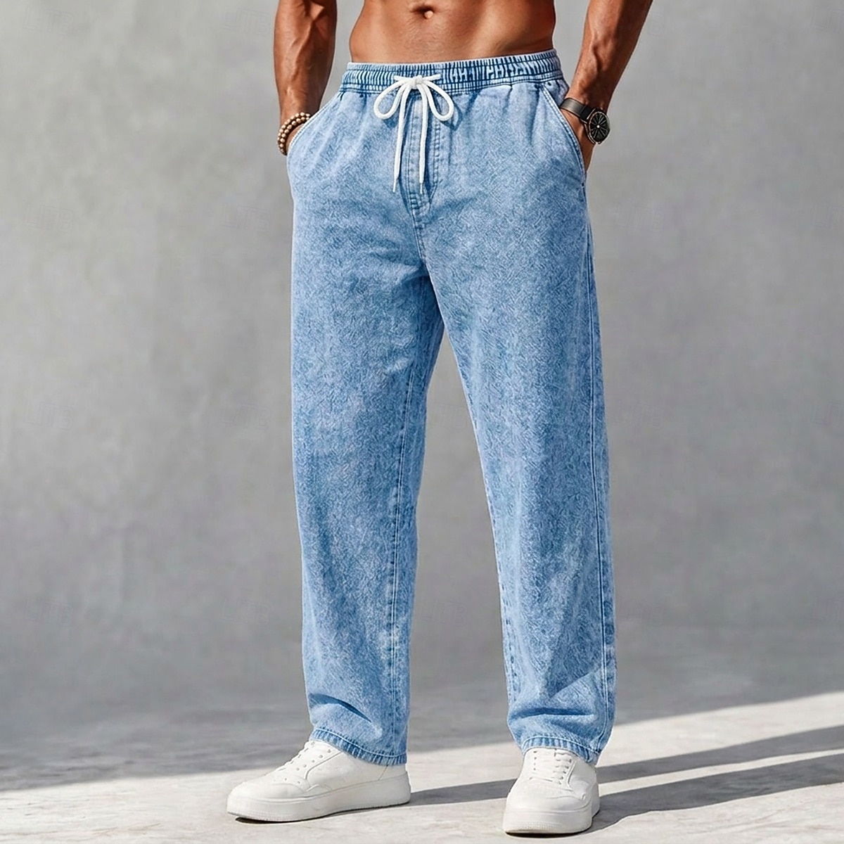 SoftFade™ Men's Trousers Casual Pants 100% Cotton Denim Pants Drawstring Elastic Waist Straight Leg Plain Comfort Breathable Full Length Casual Daily Outdoor Vacation Fashion Navy Blue Light Blue 2026 - $31.99 –P1