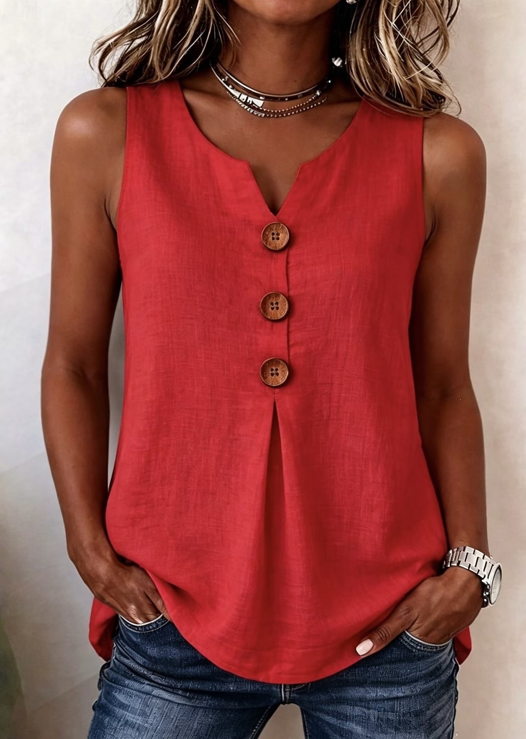 Mujer Blusa Color sólido Vintage Elegante Básico Sin Mangas Escote en Pico Tops largos Casual Diario Azul Piscina Blanco Rojo Naranja Verde Trébol Verano Primavera 2026 - $10.49 –P9