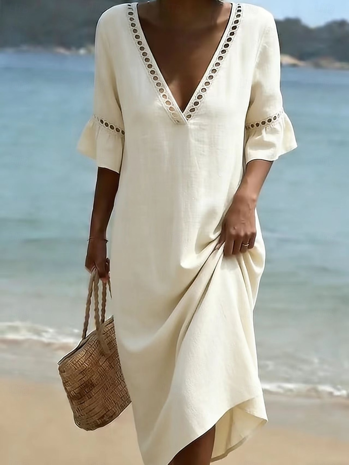 Mulheres Vestido midi Vestidos Para o Verão Elegante Férias Manga Princesa Praia Ajuste Largo Côr Sólida Meia Manga Decote mergulhador Azul Claro Branco Champanhe Verde Claro Verão Primavera de 2026 por $26.99 –P2