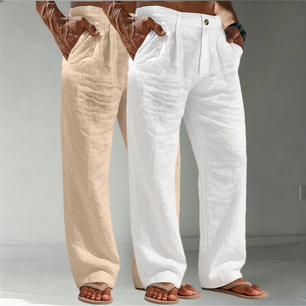 Voor heren Linnen broek Broek Zomerbroek Wijde broek Strandbroeken Zak Effen Comfort Ademend Volledige lengte Casual Dagelijks Buiten Vakantie Modieus Wit + kaki Bruin + Zwart Inelastisch 2026 - $45.99 –P5