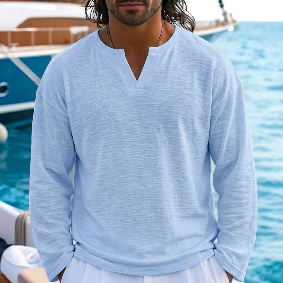 2026年 男性用 リネンTシャツ 長袖 Ｖネック ノッチ 春夏 夏 春 純色 平織り ヴィンテージ ボヘミアンスタイル カジュアル シースルー スリット カジュアル バケーション ストリート ブラック ホワイト ライトグリーン メンズトップTシャツ  コレクション – $20.99 –P8