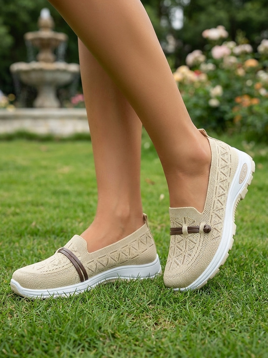 Baskets beiges respirantes pour femmes - chaussures de marche confortables à enfiler avec bride décorative en similicuir, baskets décontractées antidérapantes pour un usage quotidien, les voyages et de 2026 ? $24.99 –P4