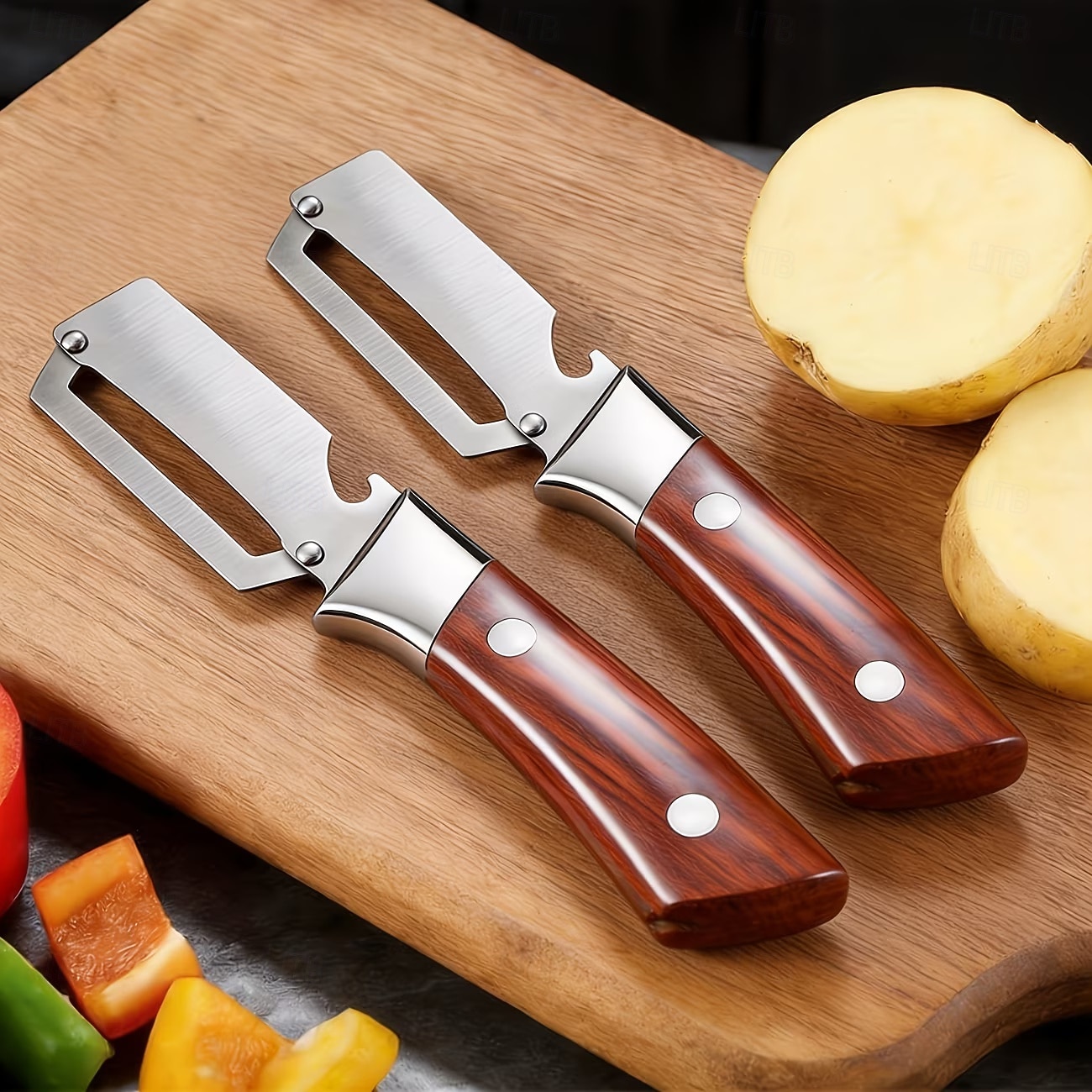 Conjunto de 2 descascadores e abridores de garrafa multifuncionais em aço inoxidável, utensílio de cozinha 2 em 1, descascador resistente para frutas e legumes como batatas, cenouras, pepinos e maçãs, de 2026 por $19.99 –P2