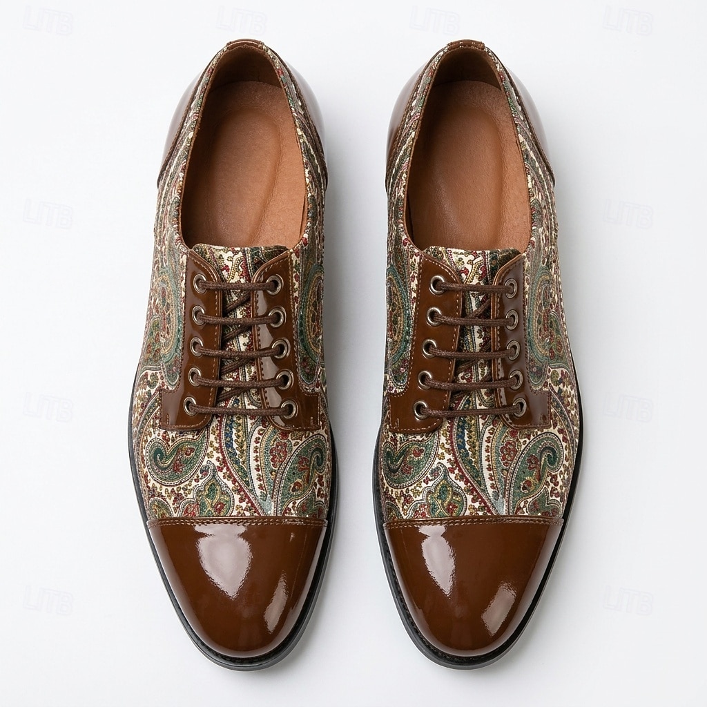 Zapatos Oxford marrones con estampado paisley para hombre, zapatos de vestir con cordones, puntera brillante, calzado elegante para bodas, banquetes, fiestas y ocasiones especiales. 2026 - $46.99 –P7