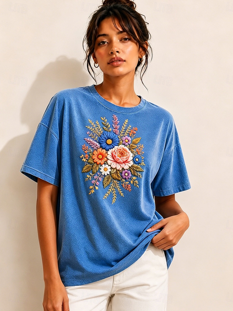 Camisa Feminina Bordada 100% Algodão T-shirt Gráfica Floral Vintage Clássica Casual com Mangas Curtas Gola Redonda Têxteis Regulares Casuais Diários de Fim de Semana Azul Rosa Verde Verão Primavera de 2026 por $33.99 –P2