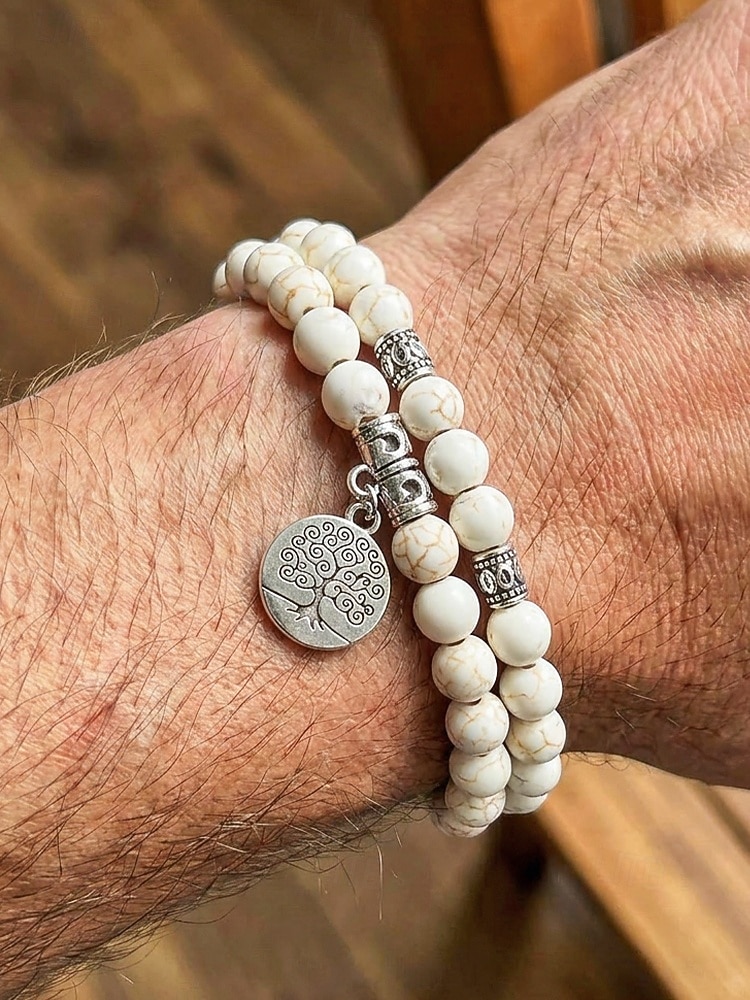 Pánská sada náramků v boho stylu s tyrkysovou barvou - 2dílné korálkové náramky s přívěskem strom života, etnická slitina &Stohovatelné šperky z přírodních kamenů na cesty a dovolenou &denní nošení 2026 - $7.99 –P2