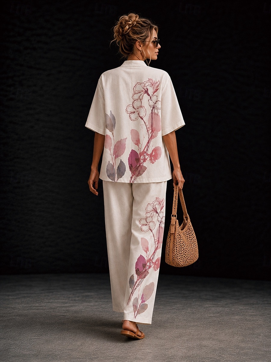 Women's Shirt Cotton Linen Sets Pants Sets Short Sleeve V Neck Floral Graphic Geometric Print Vacation Fashion Streetwear Casual Daily Outdoor Yellow Pink Dusty Rose Spring & Summer Loose Fit 2026 - $55.99 –P5