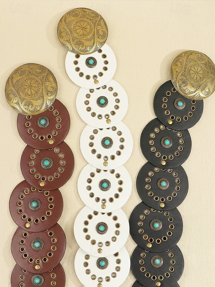 Boho-Gürtel mit runden Conchos für Damen, Western-Taillengürtel aus Kunstleder mit türkisfarbenen Nieten, Vintage-Gürtel mit Concho-Verzierung für Kleider, Festivals, Urlaub, Cowgirl-Look und lässige 2026 - $18.99 –P6