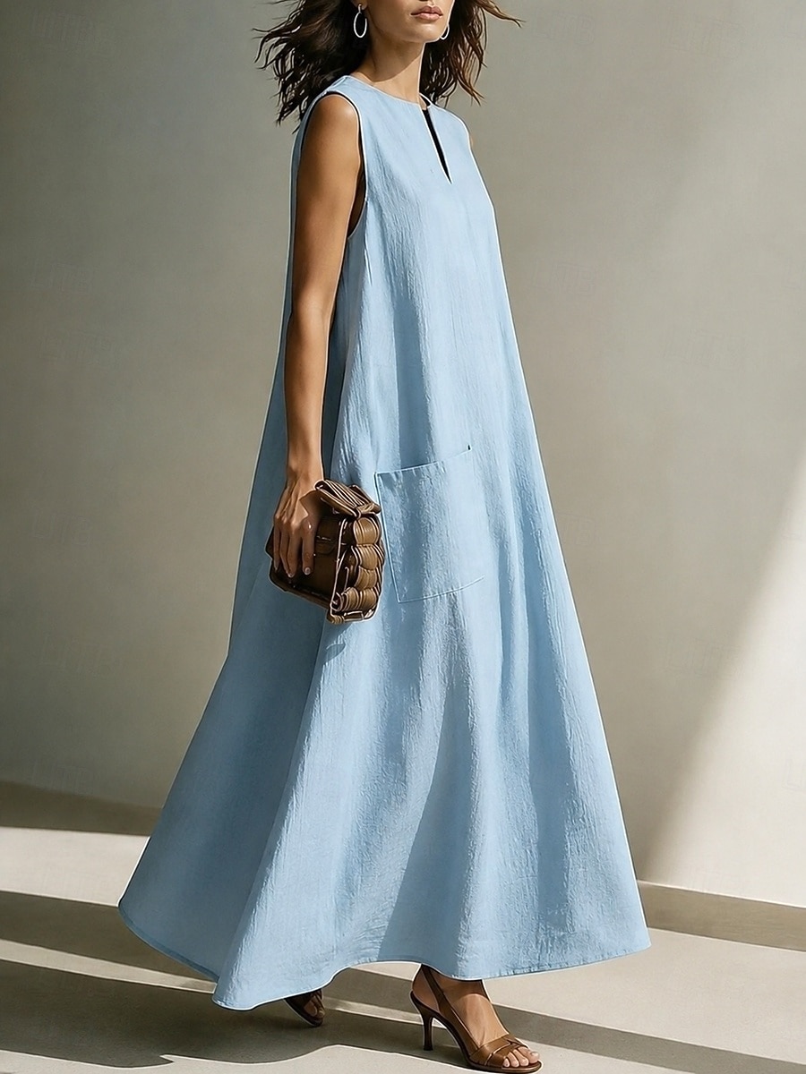 Women's  Vintage Boho Faux Cotton LinenBeach Loose Fit Plain Sleeveless Split Neck Maxi Dress Summer Spring 2026 - $25.99 –P2