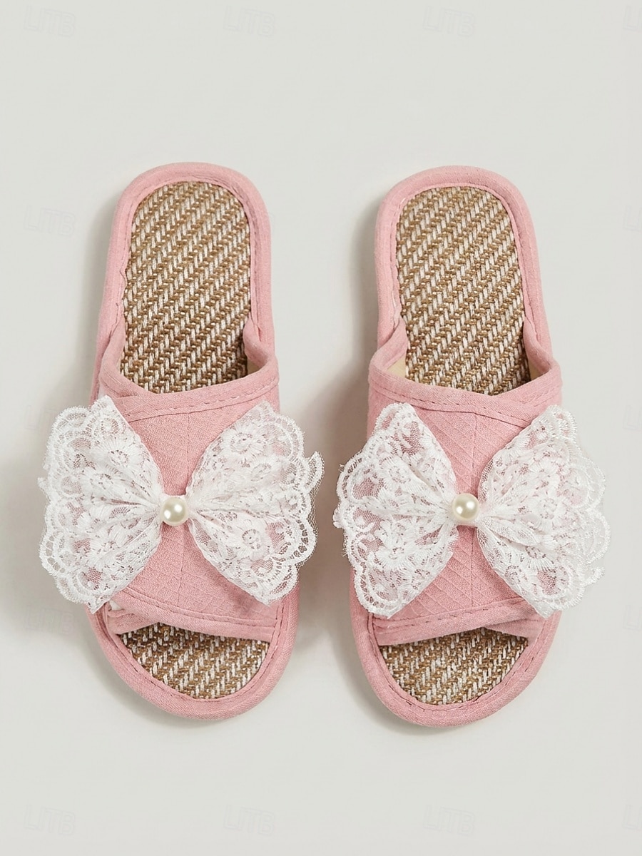Women's Pink Linen Open-Toe House Slippers - Breathable Magic Tape Indoor Slides with White Lace Bow & Pearl Decor, Non-Slip Soft Sole Casual Slippers for Wide Swollen Feet, Bedroom, Spa & Daily Wear 2026 - $19.99 –P2