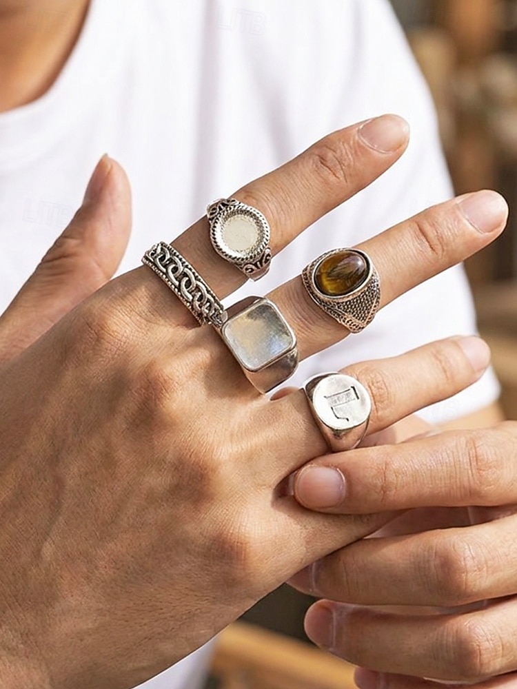 Pánská sada prstenů v boho stylu - 5dílná sada geometrických prstenů ze stříbrné slitiny s umělými drahokamy, etnické stohovatelné kloubní prsteny na cesty, dovolenou, běžné nošení &gotický šperk jako 2026 - $11.99 –P1