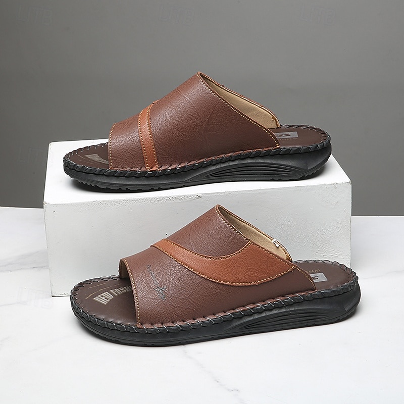Sandálias masculinas bicolor pretas e brancas, modelo slide, com bico aberto, costuradas à mão, confortáveis e casuais para o verão, ideais para uso diário, férias, em casa e momentos de lazer ao ar livre. de 2026 por $34.99 –P8