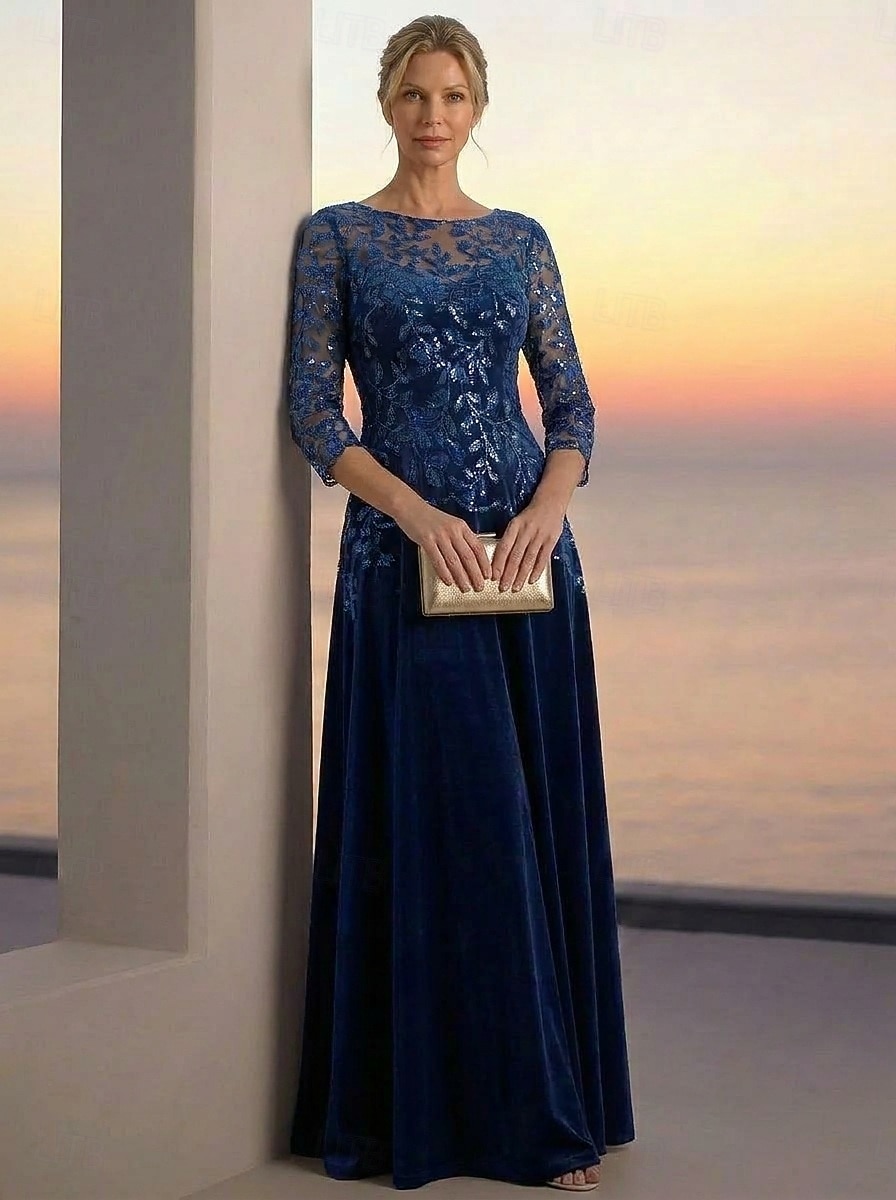 A-Linie Kleid Bodenlang Knöchellänge Cocktailkleid Brautmutterkleid Langarm Illusionsausschnitt Elegant luxuriös Glanz & Glamour Formell Hochzeitsgast Semi-Formal Tüll Samt mit Perlenstickerei 2026 - $171.99 –P1