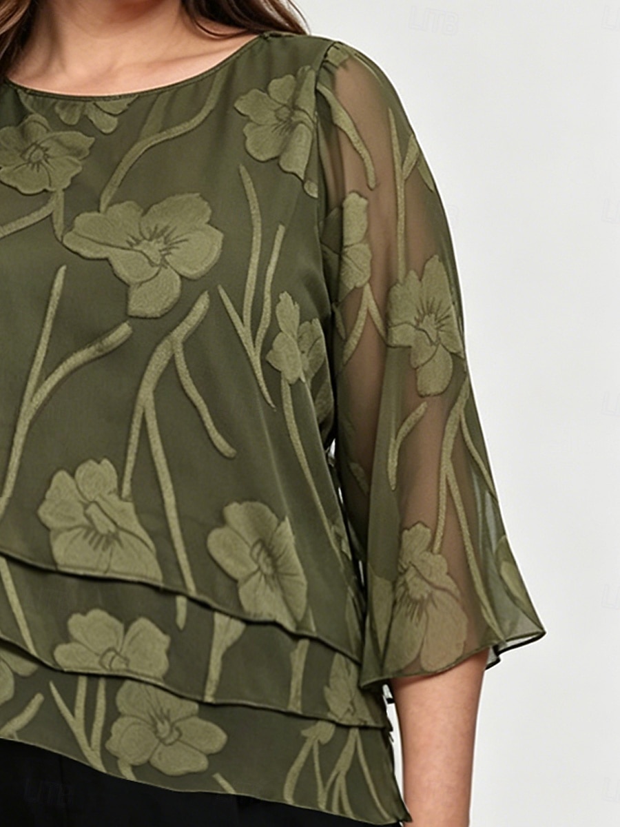 Women's Chiffon Tops Lace Layered Elegant 3/4 Length Sleeve Bell Sleeve Crew Neck Regular Tops Daily Wedding Guest Olive Spring, Fall, Winter, Summer 2026 - $87.99 –P3