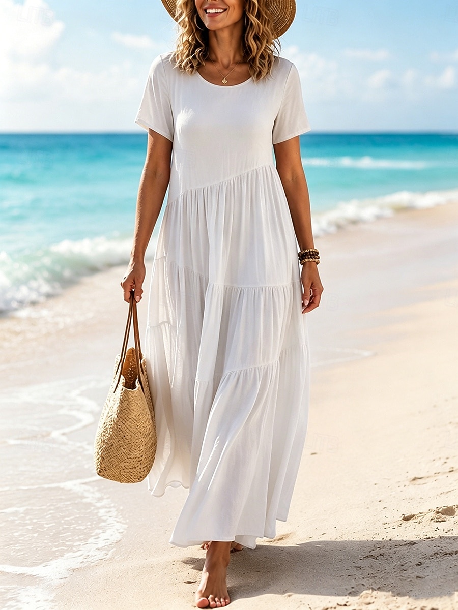 Women's Vintage Crew Neck Ruffle Pleated Asymmetric Maxi Dress Khaki Black White Pink Summer 2026 - $24.99 –P6