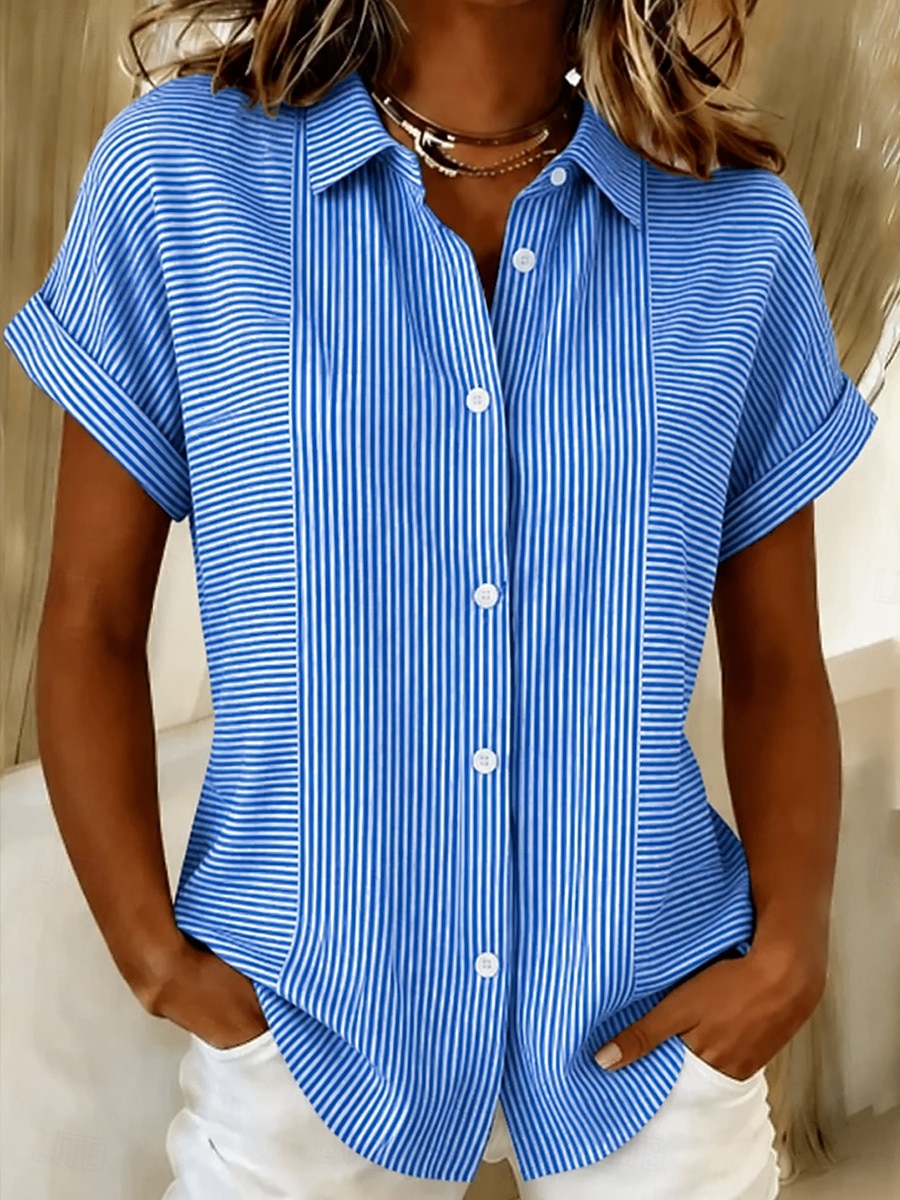 Women's Shirt Buttons Print Graphic Striped Vintage Daily Stylish Short Sleeve Shirt Collar Long Tops Casual Daily Blue Pink Grey Summer Spring 2026 - $28.99 –P1