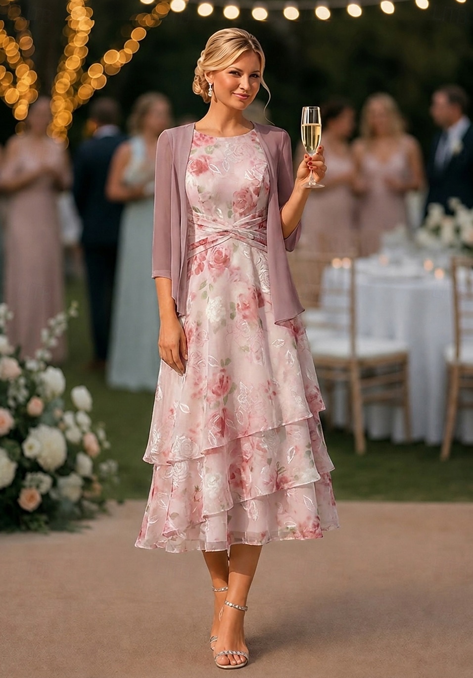 Tweedelig A-lijn Tot de enkel Bruiloft gast jurk Ruimvallend Moeder van de bruid jurk 3/4 mouw Ronde hals Elegant Eenvoudig Casual Formeel Bruiloft gast Feestdagen Chiffon Wrap inbegrepen met 2026 - $159.99 –P1