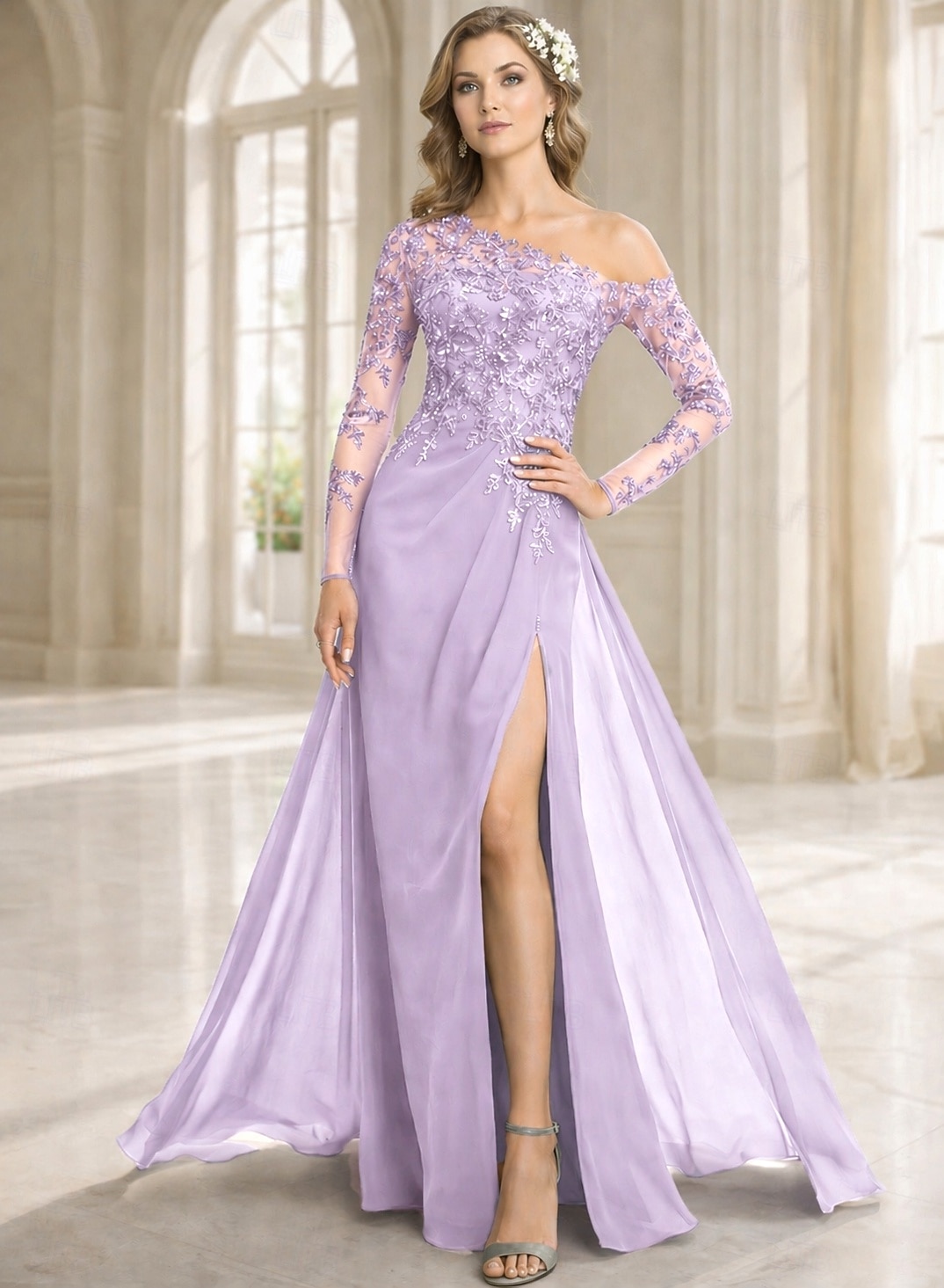 Funda Columna Vestidos Hasta el Suelo Vestido Invitada Boda Vestido formal Vestido de noche Vestido de Madrina Manga Larga Un Hombro Elegante Formal Gasa con Encaje Un Color 2026 - $212.79 –P11